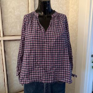 Madewell Cotton Linen Red Blue Plaid Popover Long Sleeve Split V Top Size Small